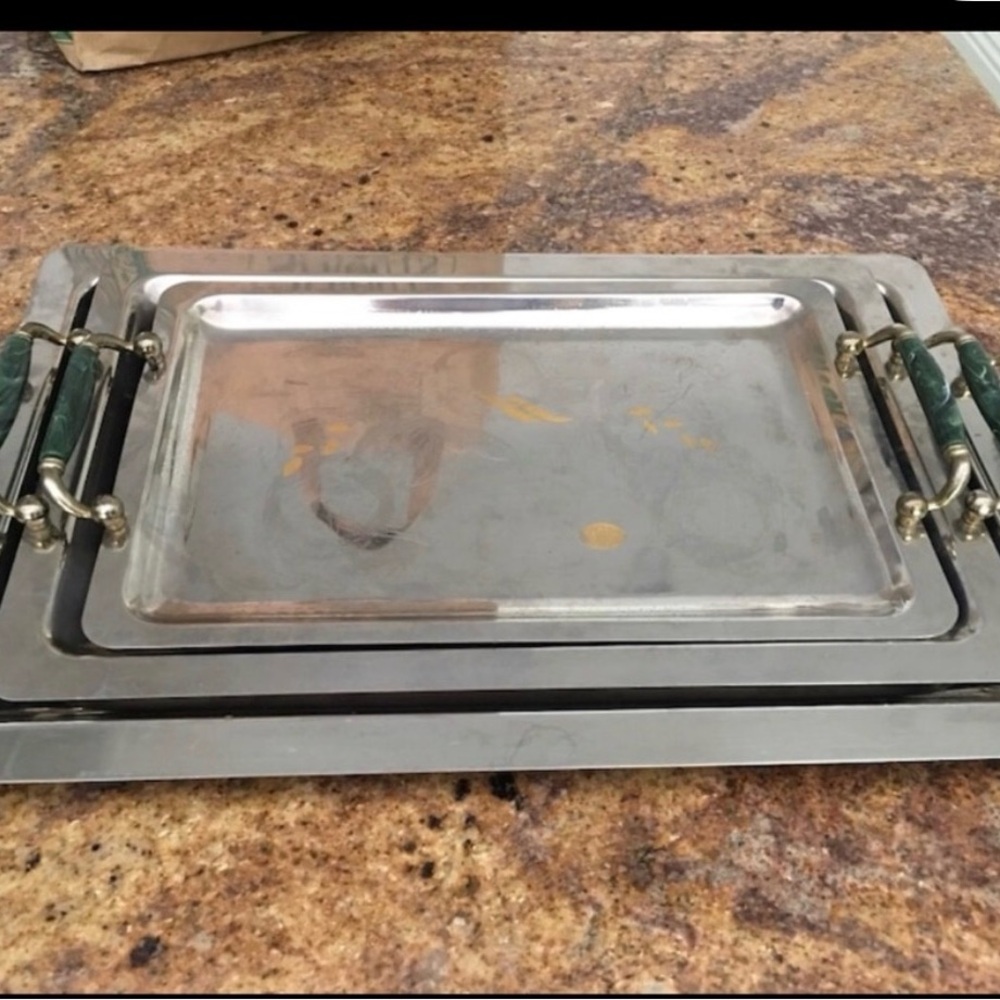 Stainless Steel Serving Tray with Green Handles